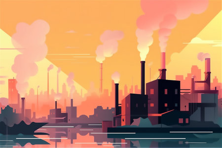 Industrial smoke is contaminating the air and contributing to the deterioration of the environment and public health in urban areas.generative aiの素材