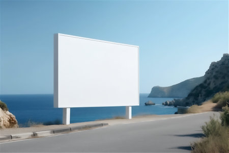 An outdoor billboard mockup with a summertime seaside backdrop road,の素材