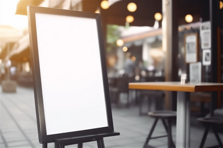 An empty sandwich board mockup for promotion placed on the sidewalk near a cafe, waiting to display advertising..generative aiの素材