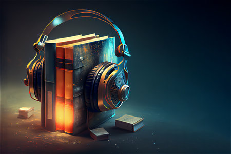 audio book concept. Books with headphones on it for listening, learning and learning. generative ai.の素材