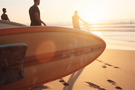An action shot of surfers running in the ocean waves with their long boards, capturing the energy and excitement of the moment.generative aiの素材