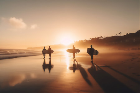 Beach at sunset, silhouette of young surfer people with boards on the beach at sunset, with the sea in the background. generative aiの素材