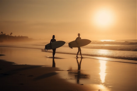 Beach life: A wide-angle shot of young people walking with surfboard on a sunny beach, vibrant colors of the sunset, creating a sense of summer vacation and relaxation.generative aiの素材