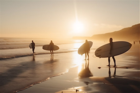 Sunset session: silhouettes of surfers carrying boards on the beach at sunset, ready for a session in the water. generative aiの素材