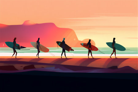 cartoon character of young surfers walking on the beach with boards, extreme sports, creating a sense of adventure and thrill.generative aiの素材