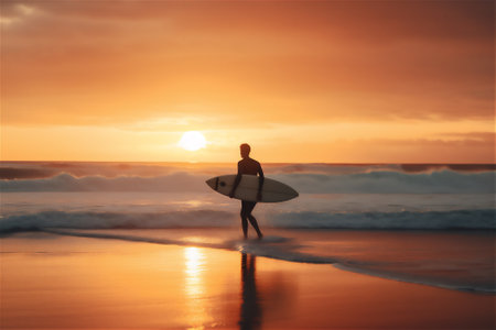 beach sunset: silhouette of surfer standing on the beach with surfboard at sunset, gazing out at the sea. generative aiの素材