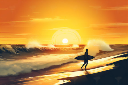 Surfing into the sunset: beautiful surfer girl running on beach at sunset, silhouette against the colorful sky. generative aiの素材