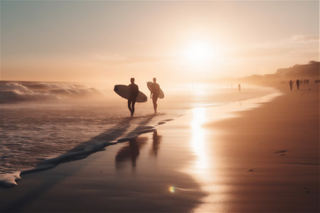 Active lifestyle: young people carrying surfboards on the beach, enjoying various outdoor activities at sunset. healthy and active lifestyle, generative aiの素材