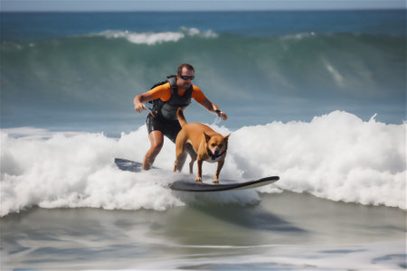 Man with a dog riding on surfboard together. surfing on a waves .generative ai,の素材