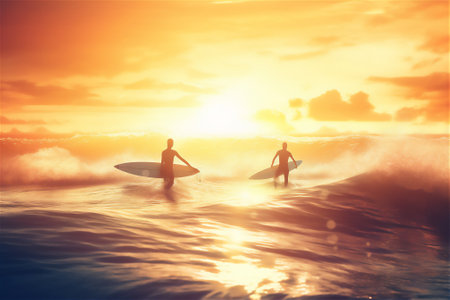 Surfing into the sunset: two surfers silhouette against the colorful sky.adventure and thrill. generative aiの素材