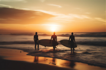 group of young people surfing together on vacation, surrounded by the natural beauty of the ocean and sunset beach.generative aiの素材