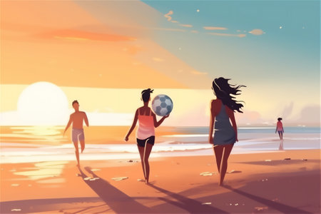 Summer sports, young people playing ball on the beach, wearing bright and colorful summer clothes. energy and enthusiasm.generative aiの素材