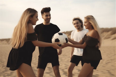 Sand soccer: group of young people playing with a soccer ball on the sandy beach, sense of fun and adventure.generative aiの素材