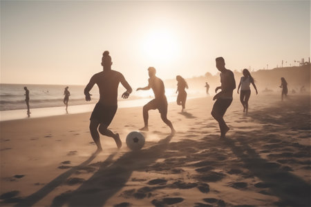 Beach ballers: young people playing with beach ball on the beach, sense of playfulness and excitement..generative aiの素材