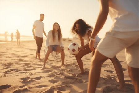 Friends and football: young people playing with a soccer ball on the beach, set against a beautiful ocean background.generative aiの素材