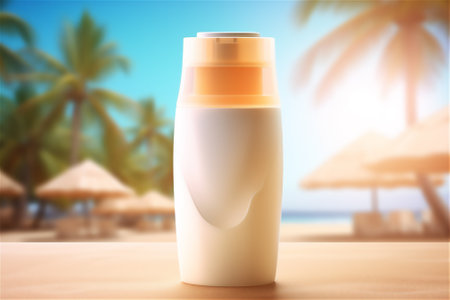 bottle of sunscreen cream on sand with beach cafe on background. skin care sun protection concept. generative aiの素材