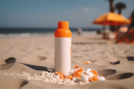 bottle of sunscreen spf lotion on the sandy beach is perfect for anyone who values health skin care sun protection concept. generative aiの素材
