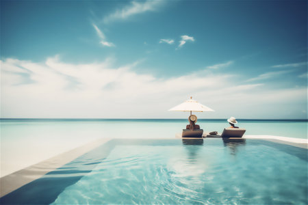 couple in deck chairs at luxury resort on their summer vacation relaxing together in the edge swimming pool, romance. generative aiの素材