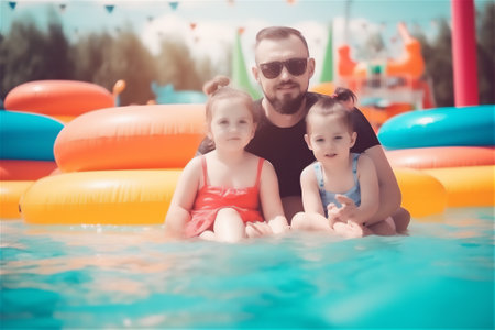ultimate family fun in aquapark recreation. The image captures the excitement of a hotel pool party and an extreme waterpark slide attraction.generative aiの素材