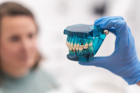 Dentist and patient discussing treatment plan looking at a dental teeth jaw model.の写真素材