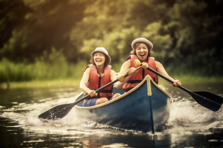 beauty of nature while participating in water-based activities as two women paddle their canoe down a serene river using their oars.generative aiの素材