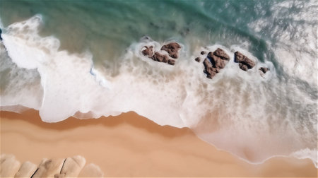 breathtaking drone view of the coast with waves, blue sea, and creating a captivating summer seascape perfect for travel imageryg.enerative aiの素材