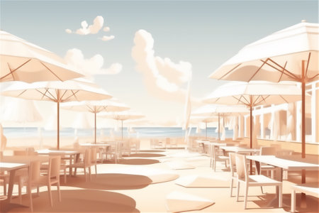 beach bar with tables and umbrellas on a sandy coast line with , set against the backdrop of beach bungalows,.generative aiの素材