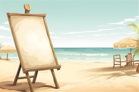 blank chalkboard sign at a sea beach cafe, coastal getaway, making it a perfect location for travel concept promotions..generative aiの素材