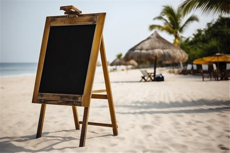A customizable design of an advertising frame on the beach, blackboard for advertising campaigns.generative aiの素材