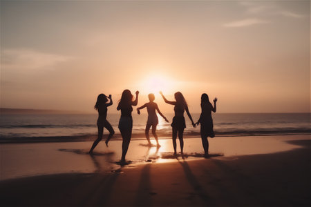 scene of young people having fun and enjoying the beach, with the silhouettes of a group of friends running towards the sea at sunset.generative aiの素材