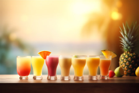 set of exotic summer tropical cocktails drinks on a beautiful beach background, place of relaxation and joy. generative aiの素材