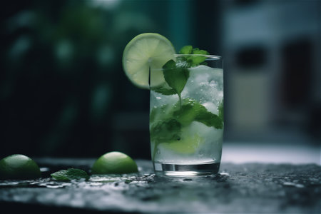 refreshing mojito cocktail, complete with lime, rosemary, mint, and ice in a glass, with drops and splashes adding to the overall effect. generative aiの素材