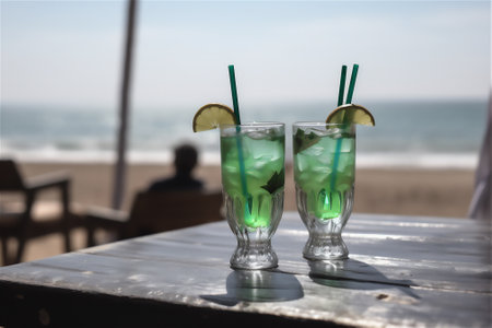 fresh tropical summer cocktails being served in a beach bar, with a focus on the refreshing and colorful nature of the drinks. generative aiの素材