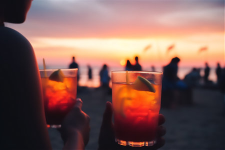 two cocktail glasses being held by hands against a beautiful beach party background. generative aiの素材