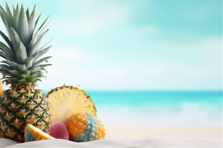Pineapples and tropical fruit with beach and blue sea background with copy space showing Summer concept. Generative aiの素材