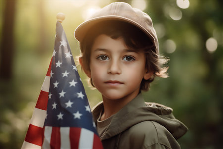 little boy with the American flag in her hand, evoking a sense of national pride and celebrating the country's history independence day in 4th of july.generative aiの素材