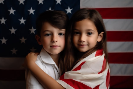 two children portrait, a boy and a girl, with the American flag celebrating 4th of july independence.generative aiの素材