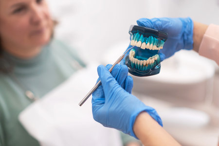 Dental consultation with teeth jaw model in dentist hand macro. talking to a young woman patient and...
