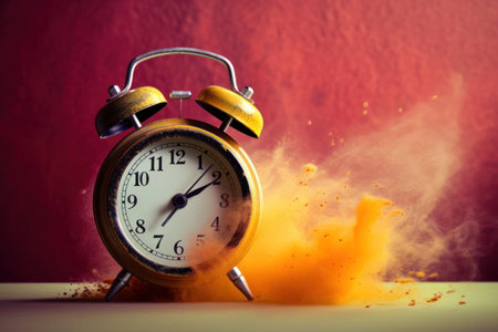 artful representation of time running out, showing a retro alarm clock disintegrating into a cloud of dust, its parts slowly fading away, red background.generative aiの素材