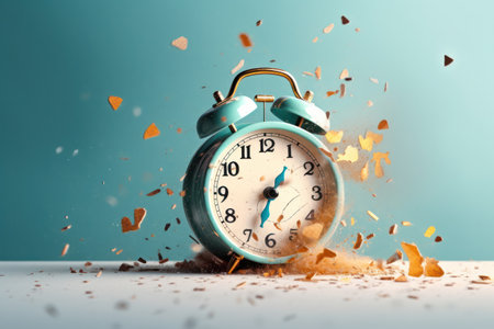 retro alarm clock breaking down into tiny exploded particles of dust, time is running out concept, blue background.generative aiの素材
