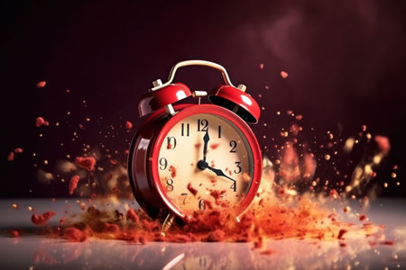 An energetic wake-up call, showcasing a vintage alarm clock ringing and exploding into a flurry of shattered fragments.generative aiの素材