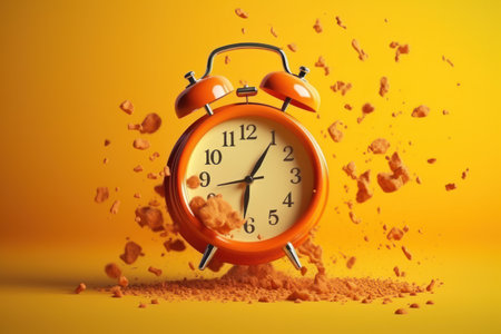 energetic yellow red wake up concept, vintage alarm clock ringing and bursting into vibrant pieces, generative aiの素材