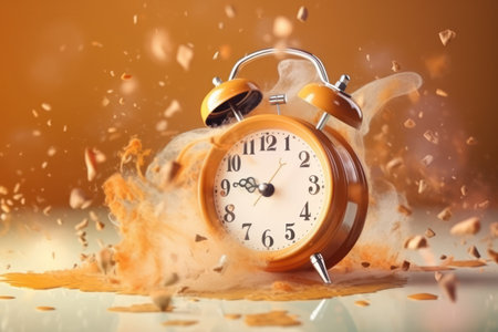 A bright and vivid illustration of wake-up moment, vintage alarm clock ringing and bursting apart into vibrant fragments, generative aiの素材