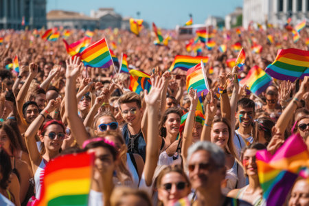 big crowd of people cheerful walking on pride lgbtq parade with colorful rainbow flags .generative aiの素材