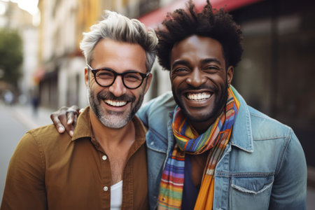 happy cheerful multiracial gay couple laughing smiling looking to camera.generative aiの素材