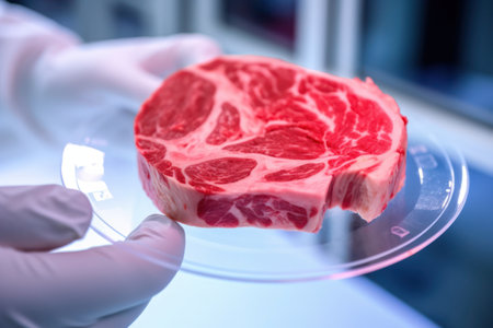 Scientist in sterile gloves holding transparent plate with red vegetarian meat grown in laboratory under supervision worker showing lab-grown raw beef .generative AIの素材