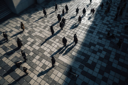 Silhouettes of people casting long dark shadows standing on street in city center at bright sunlight men and women walking to work in office on early morning .generative AIの素材