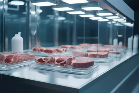 Pieces of raw lab-grown meat lying in glass containers with bright illumination artificial growth of vegan beef in modern laboratory for scientific purposes .generative AIの素材