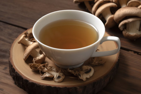 Hot brown tea made of fresh mushrooms poured into white ceramic cup standing on wooden table delicious and healthy beverage prepared for reducing stress and improving mental health .generative AIの素材