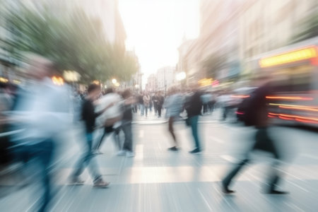 pedestrians on streets of the megapolis, hurried steps creating sense of motion blur against the backdrop of soaring skyscrapers and traffic lights.generative AIの素材